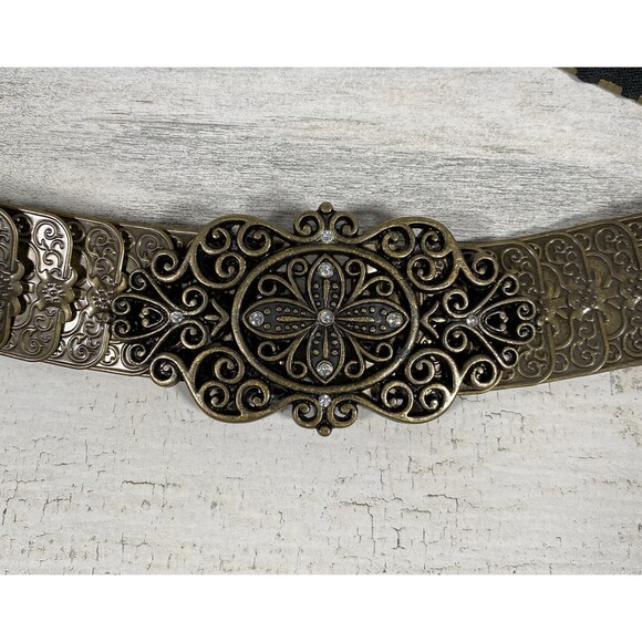 Vintage Gold Bronze Tone Metal Scalloped Fish Scale Stretch Belt Boho Festival - Picture 1 of 8
